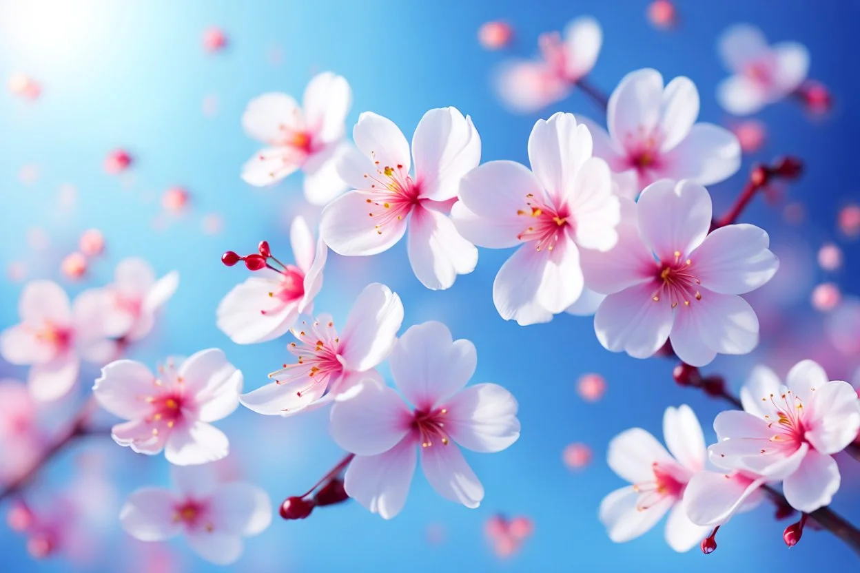 fantastic light pin blue background with 4 groups of cherry blossoms, blossoms only, blur background, smooth vector