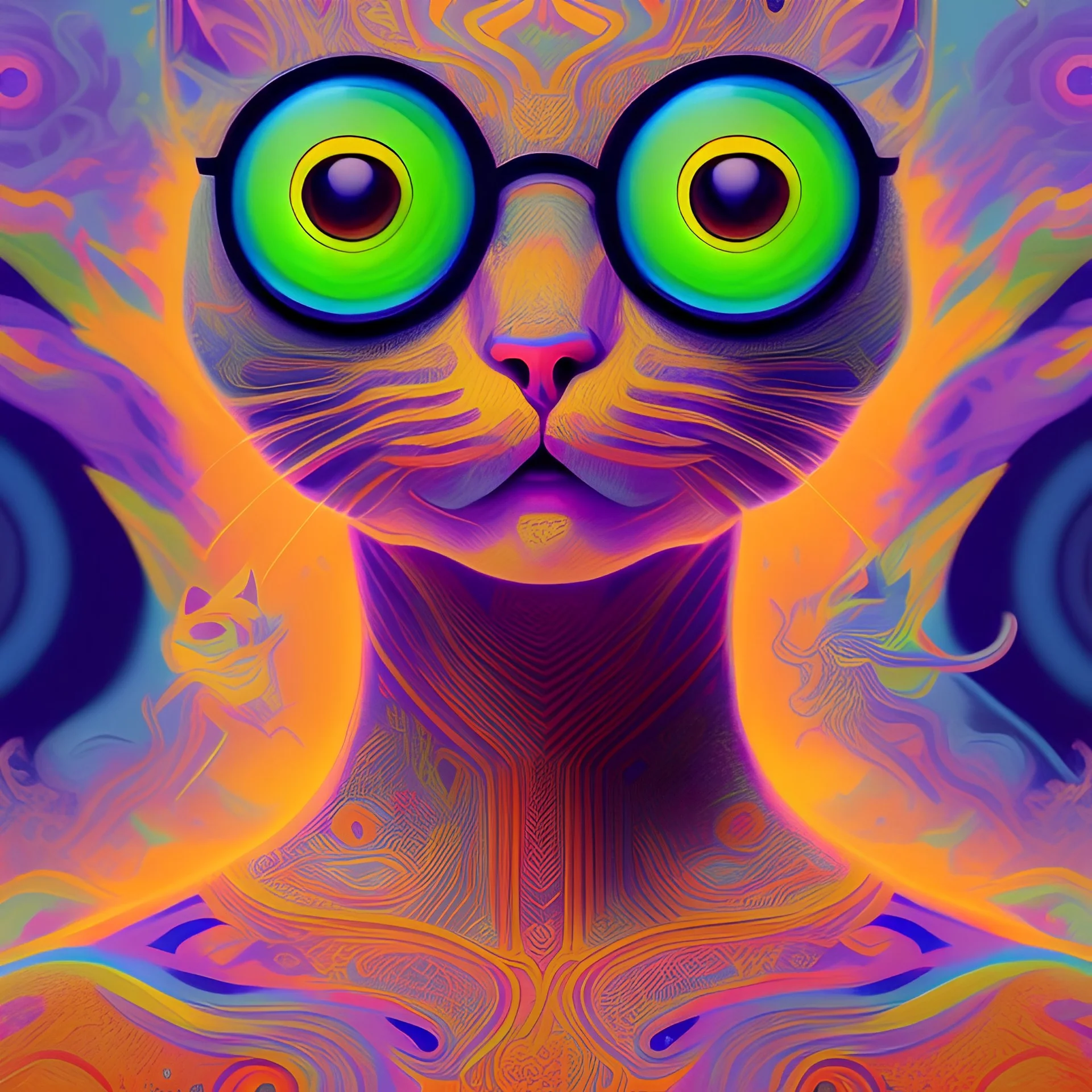 psychedelic cat walking in psychedelic forest
