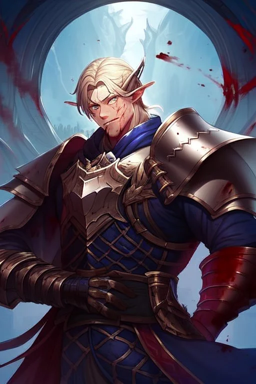 Armored Male Blood Knight Elf by manhwa or korean webtoon style there are lightning and blood spurts around the man, his face pointed at the camera, and with a serious look he lets his opponent know that it's his turn