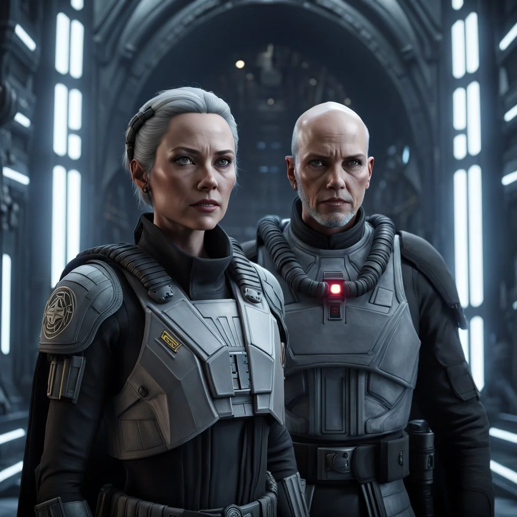 a bold and heroic bald male Corellian pilot in black and grey First Order special forces gear meets a female Jedi Master in ancient, mystical temple, hyperdetailed, dynamic lighting, hyperdetailed background, 8k resolution, volumetric lighting, light skin, fully symmetric details