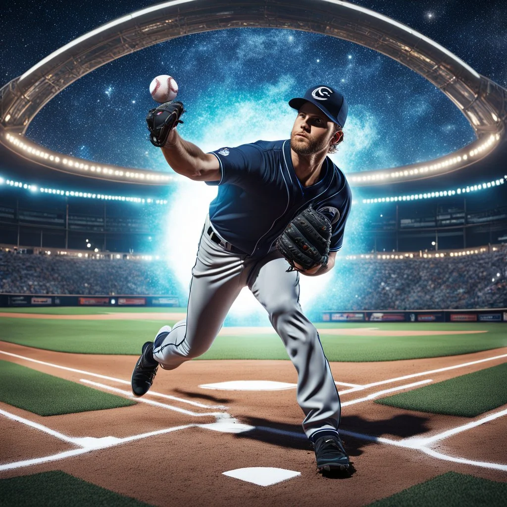 View of baseball pitcher throwing a pitch from the perspective of home plate, futuristic major league baseball field night game bright astral cosmic background, dramatic kinetic pose, intricate detail, photorealism, by Charles M. Conlon, canon HD 4D lens, cinematic perfection.