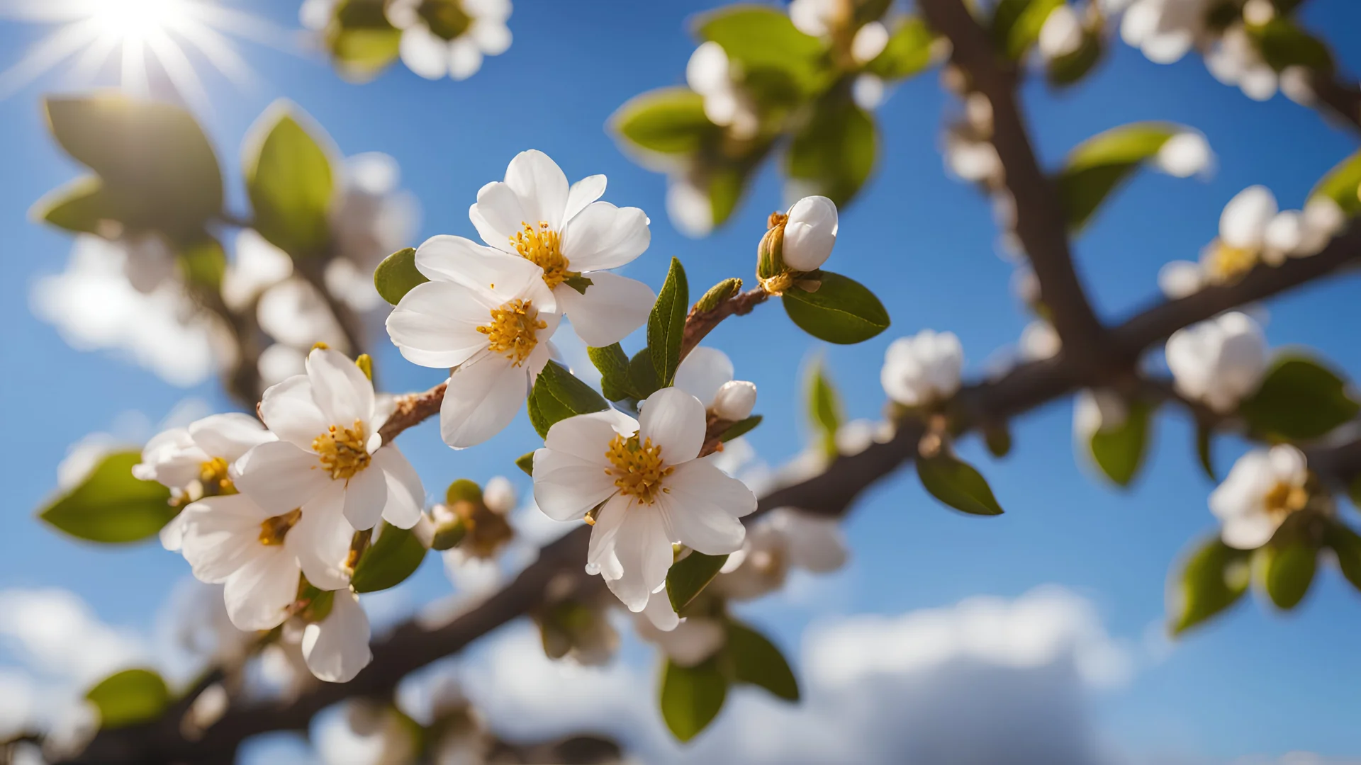 close up of an almond branch with flowers, sun, clear blue sky and clouds. high quality photo