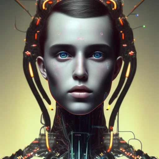 singer Danish MØ face, lumen lighting, led lights, <hanging wires> many wires connected to the head<perfect pupil> <cyborg> <garage> <sci-fi futuristic>