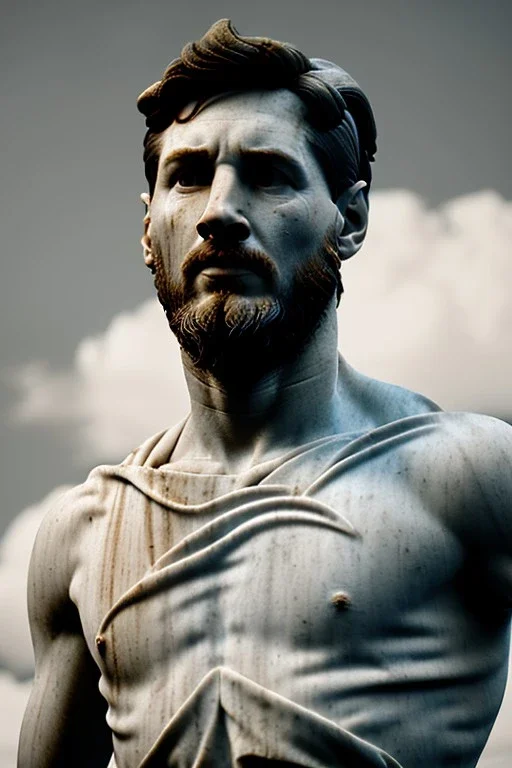 Ultra Realistic image, classical renaissance sculpture, white marble material, Lionel Messi, emperor style, gold Laurel leaves crown, chisel style, waist up portrait, epic, celestial, cinematic lighting, God light, god rays, 4k resolution, smooth details, ornate details, soft lighting, unreal engine 5, sky background.