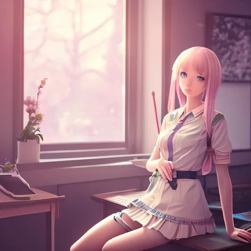 Anime girl studying in room, perfect face, window, nature, anime style, unreal engine 5, studio lighting --ar 2:1