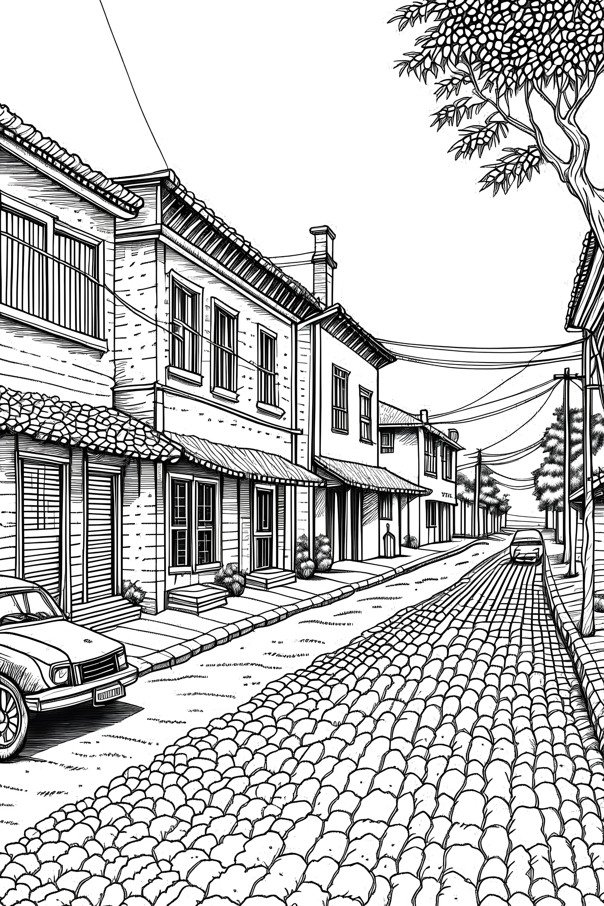 Botswana old street ,forest ,Line Drawing, A classic black-and-white line drawing style with intricate details and clean lines. The streets are depicted with precision, capturing the architectural diversity . The drawing will be realized as a traditional pen and ink illustration, with fine-tipped pens used for precise linework and shading