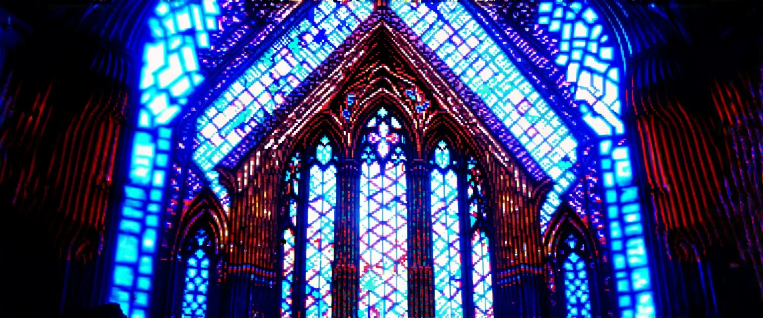 Cyberpunk cathedral, glitchy stained glass flickering with code, corrupted light rays, VHS interference, analogue distortion --ar 9:16 --draft