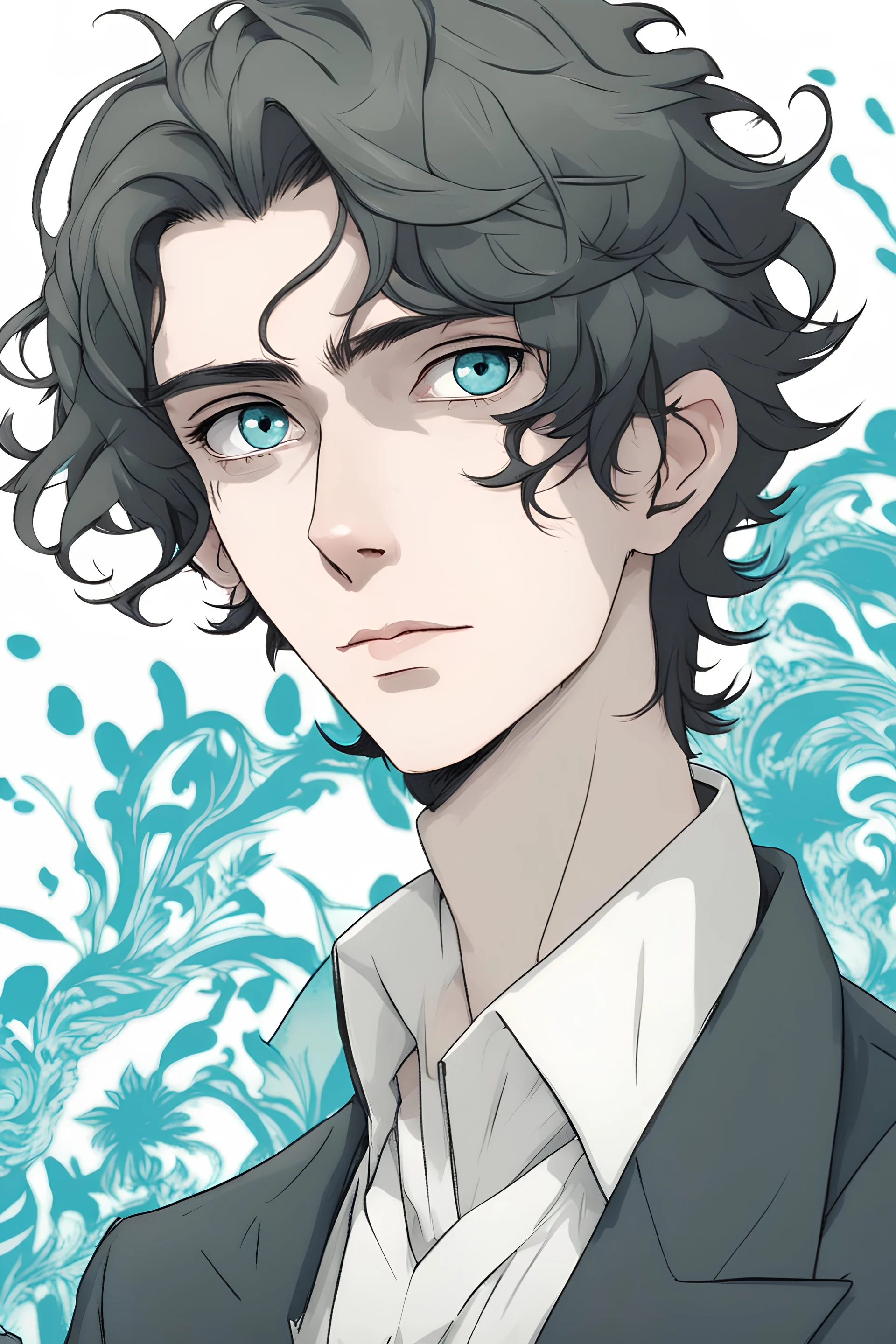 A handsome and cute man resembling Fyodor Dostoevsky from Bungo Stray Dogs and Timothee Chalamet, with mesmerizing blue turquoise eyes, soft fair complexion, attractive lip, black hair in a Triple Bangs haircut, and softer shaved skin.