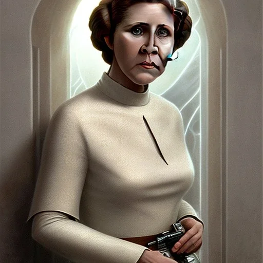 [[extrem stunning photorealistic carrie fisher as princess leia]] :: [[photorealistic brown eyes, symmetrical short hair, head and shoulders portrait, 8k resolution photorealistic portrait by Greg Rutkowski, WLOP, hyperdetailed, intricately detailed, triadic colors]]