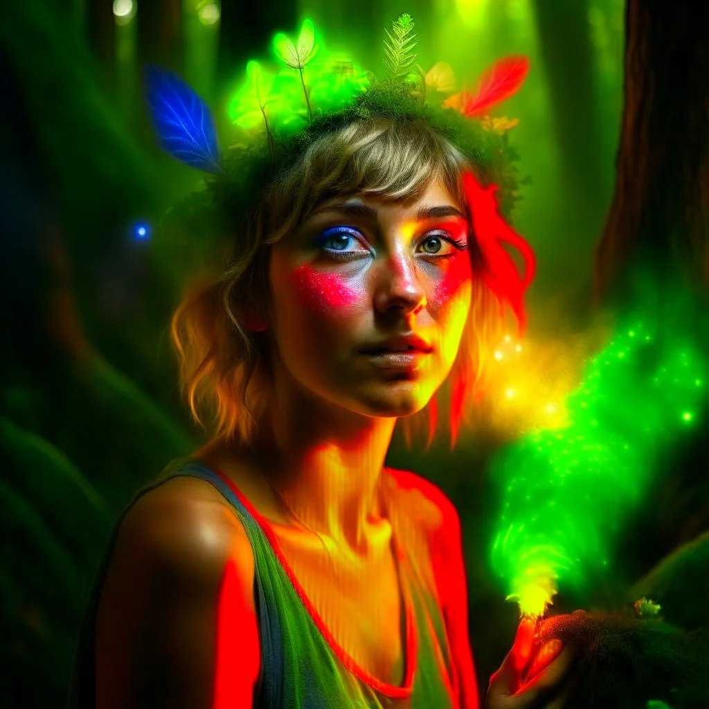 photorealism, paint splatter, a hippie pixie in the underground grove glowing light, in the style of dali, 8k, down-light, soft light, depth of field, photo realism, trending on art station, high detail, smoke and fog