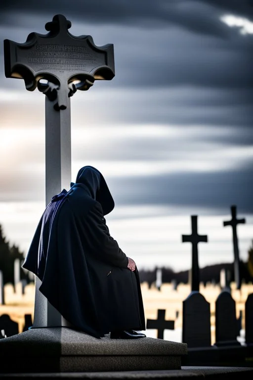 photo of a hoodless grim reaper wearing a suit, highlighting shiny areas of the skull, sitting outside a cemetery with a welcome sign, wearing suit, rim lighting, studio lighting, looking at the camera, dslr, ultra quality, sharp focus, tack sharp, dof, film grain, Fujifilm XT3, crystal clear, 8K UHD, clean, orange evening lighting