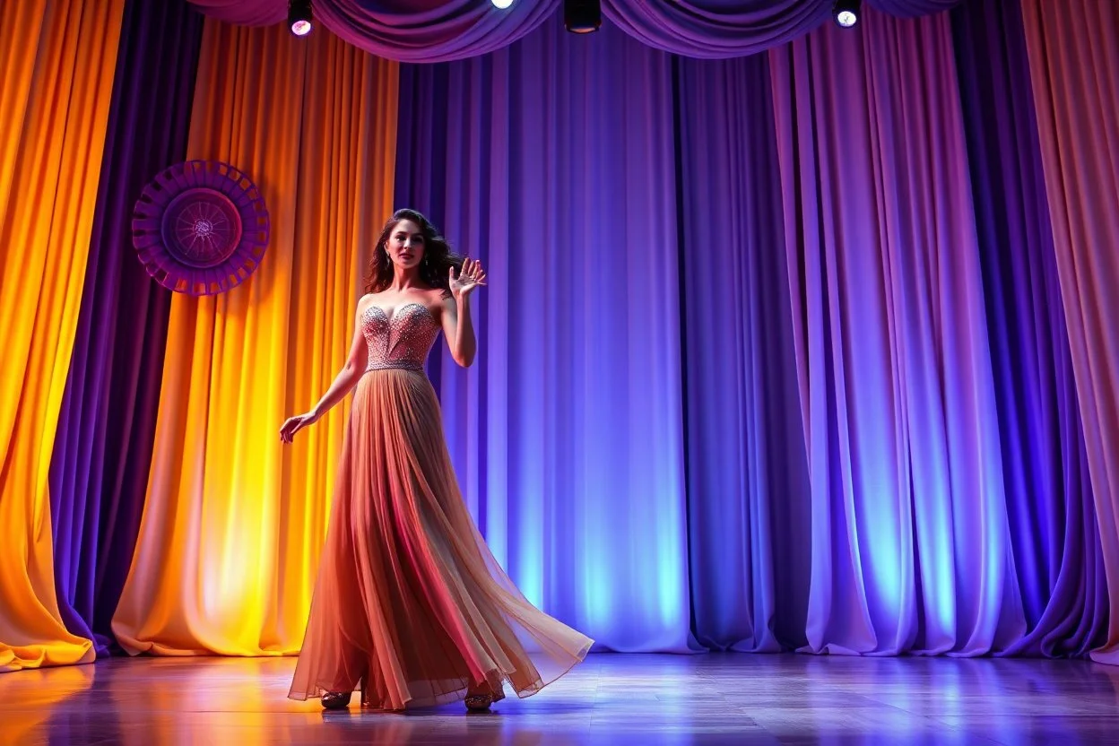 modern stage with gray-dark yellow blueish violet theme artistic decoration , color full dynamic lighting, a beautiful lady in maxi dress with shining silver jewels ,curvy long hair,dancing, 3D recursive fractal structure animating background