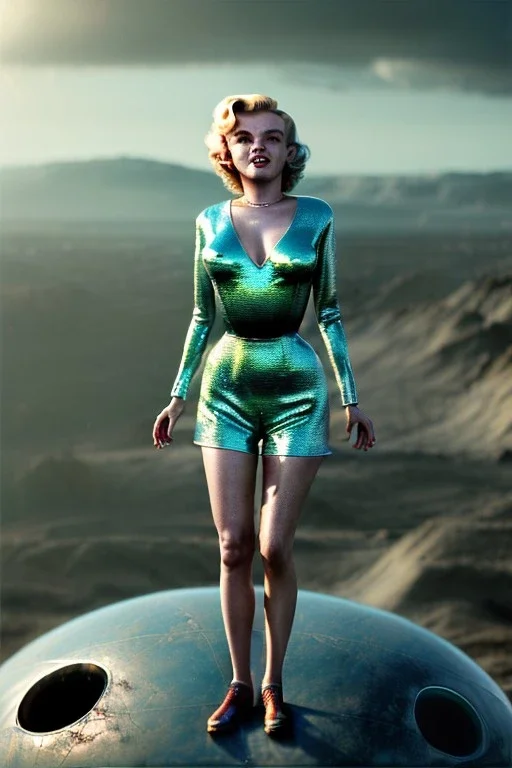 Ultra Realistic retro sci-fi 1960 scene, waist up view portrait, blonde woman, sweet young Marilyn Monroe face, perfect iris, tight latex coat, alien planet background, tight style, steel sphere dron levitating, fog, rain, soft color, highly detailed, unreal engine 5, ray tracing, RTX, lumen lighting, ultra detail, volumetric lighting, 3d, finely drawn, high definition, high resolution.