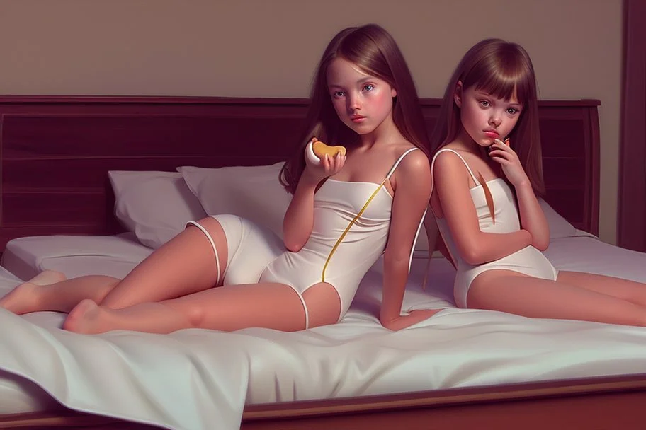 Digital painting of two beautiful young teenage girls in a swimsuit on a bed. eating a banana. with dad, artstation, 8k, extremely detailed, ornate, cinematic lighting, vivid.