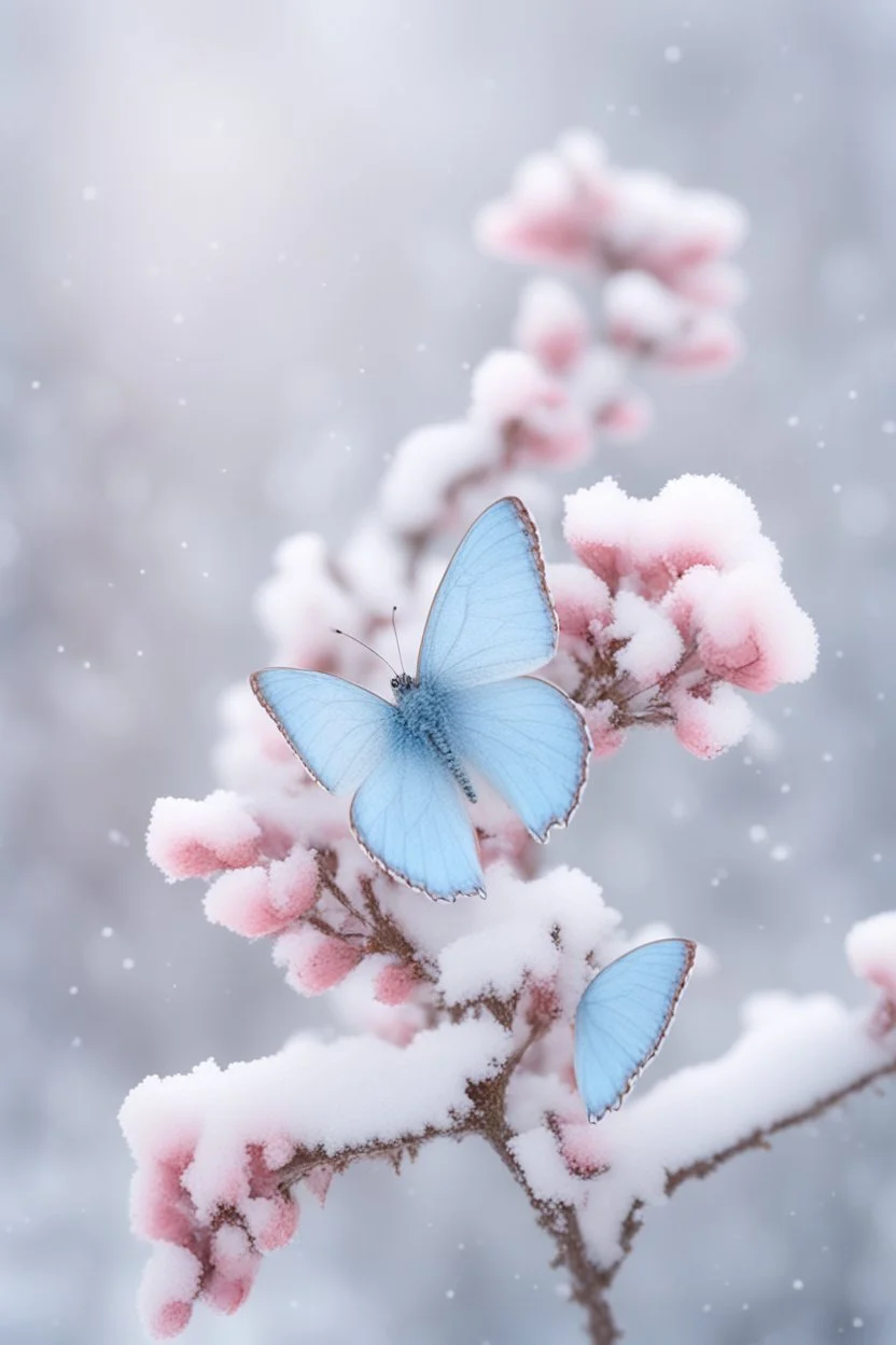 Light pink and light blue butterflies in the snowy winter