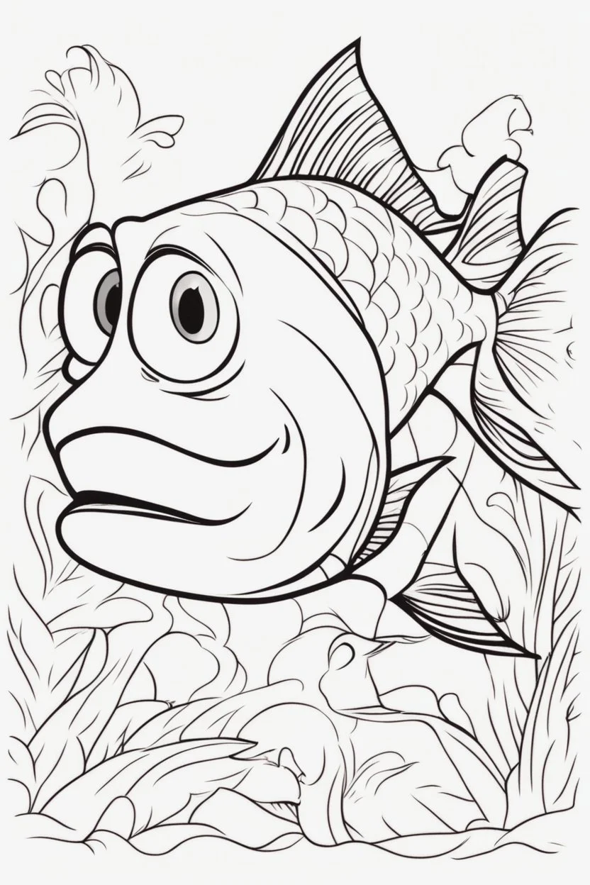 blank colouring book, white blank background, simple picture for toddlers, fish, disney and pixar style