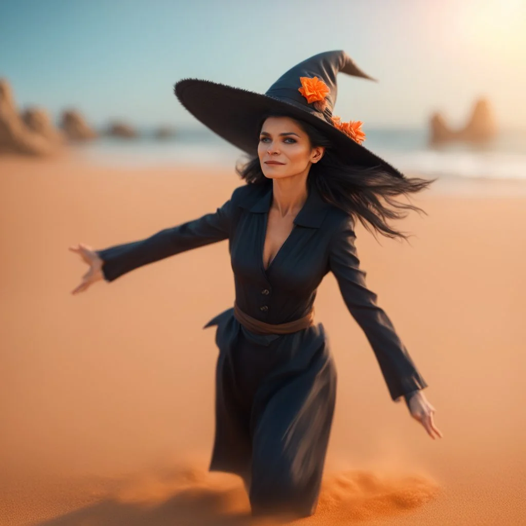 corey feldman as a flying bromstick female witch on a orange sand beach ,bokeh like f/0.8, tilt-shift lens 8k, high detail, smooth render, down-light, unreal engine