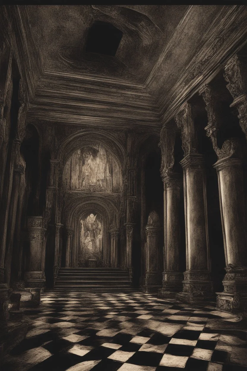 Toomb of the vampire Count Strahd Von Zarovich. Grand room, stone and marble, dark, black coffin made of polished ebony wood and brass. No windows. Perspective