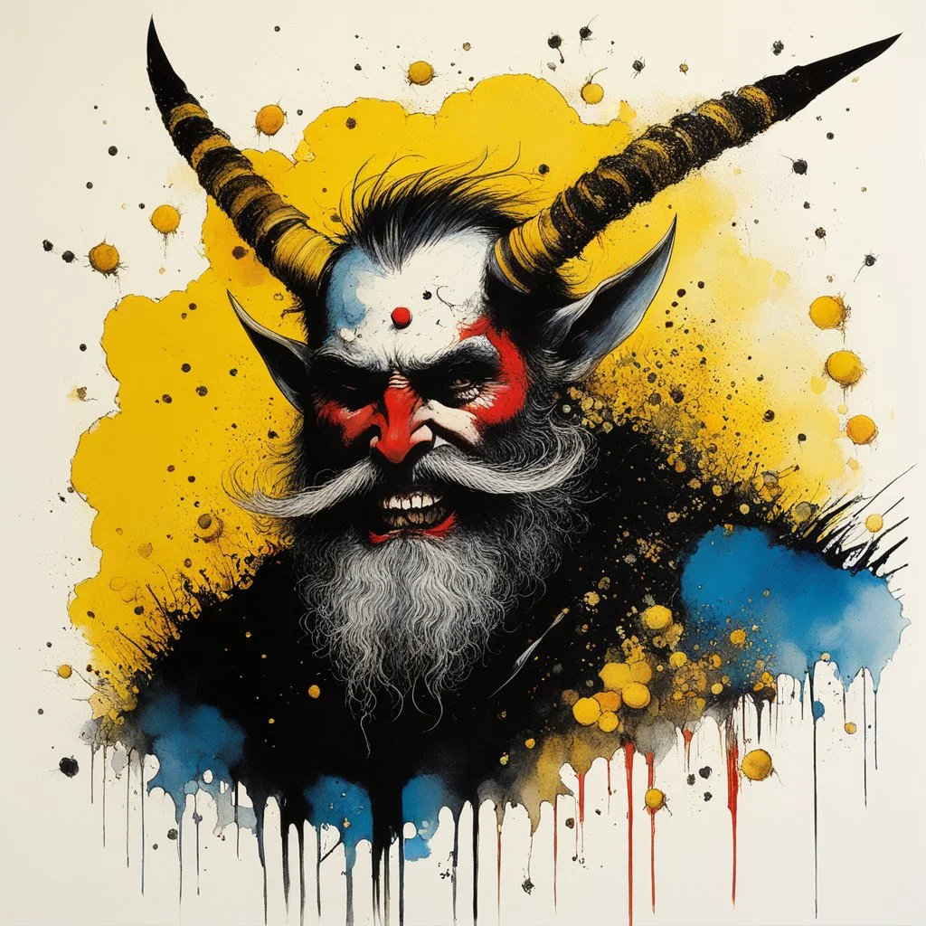 [art by Ralph Steadman] Devil of bees: a colourful Celtic warrior with a beard, covered by honey, In the heart of the buzzing hive, where the walls cracked and the sacred ways of life were defiled, there lurked the malevolent presence known as the Devil of Bees. This laughing entity, with a dark, twisting beard that seemed to writhe with a life of its own, wielded a power that struck fear