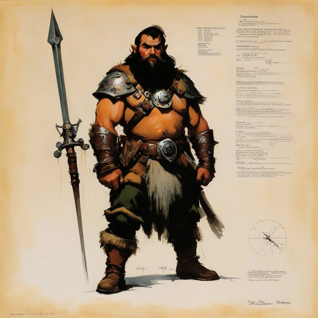 ConceptSheet: dwarf ranger with AD&D statistics [by frank frazetta]