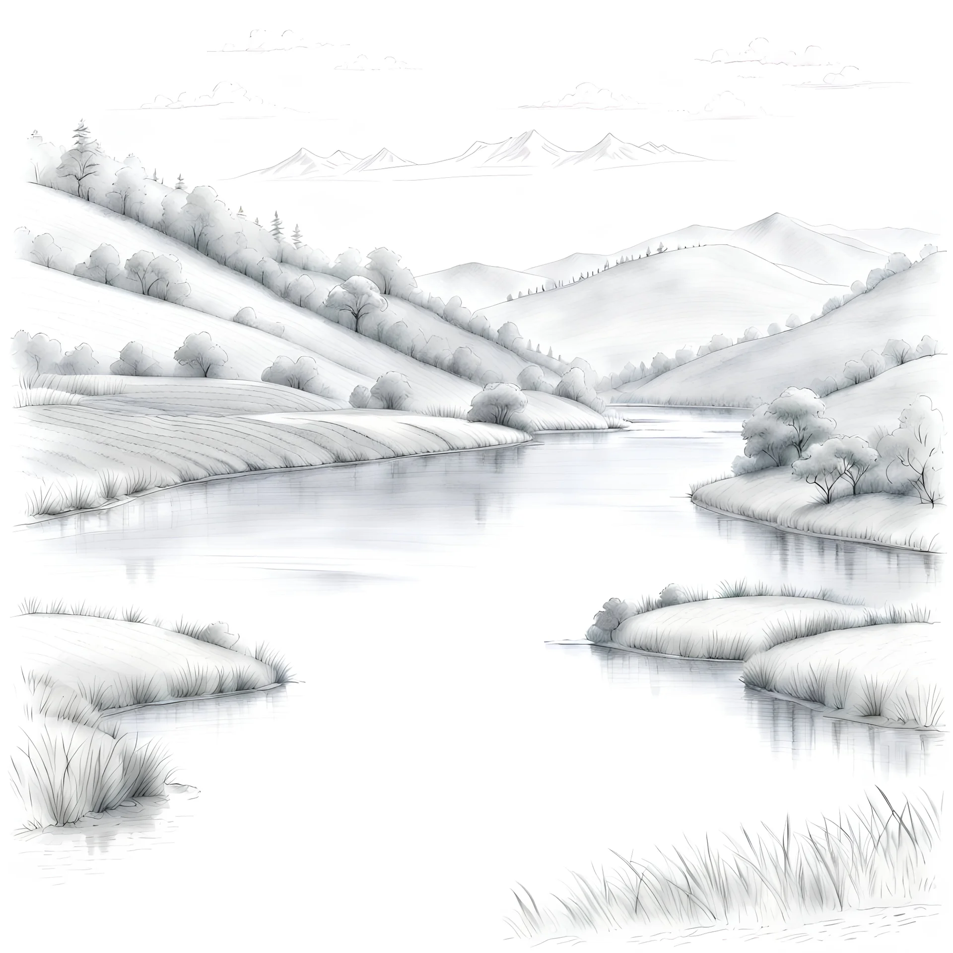 lake , tea plantation, , hand drawn illustration, pencil sketch in white background
