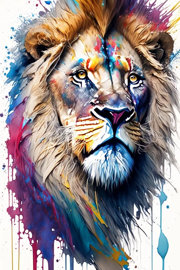 "lion", clean design, art station, splash of colorful paint, contour, ((solid white background)), looking into camera, hyperdetailed intricately detailed, unreal engine, fantastical, cinema lighting, intricate detail, splash screen, complementary colors, fantasy concept art, 8k resolution, DeviantArt masterpiece, watercolor, paint dripping