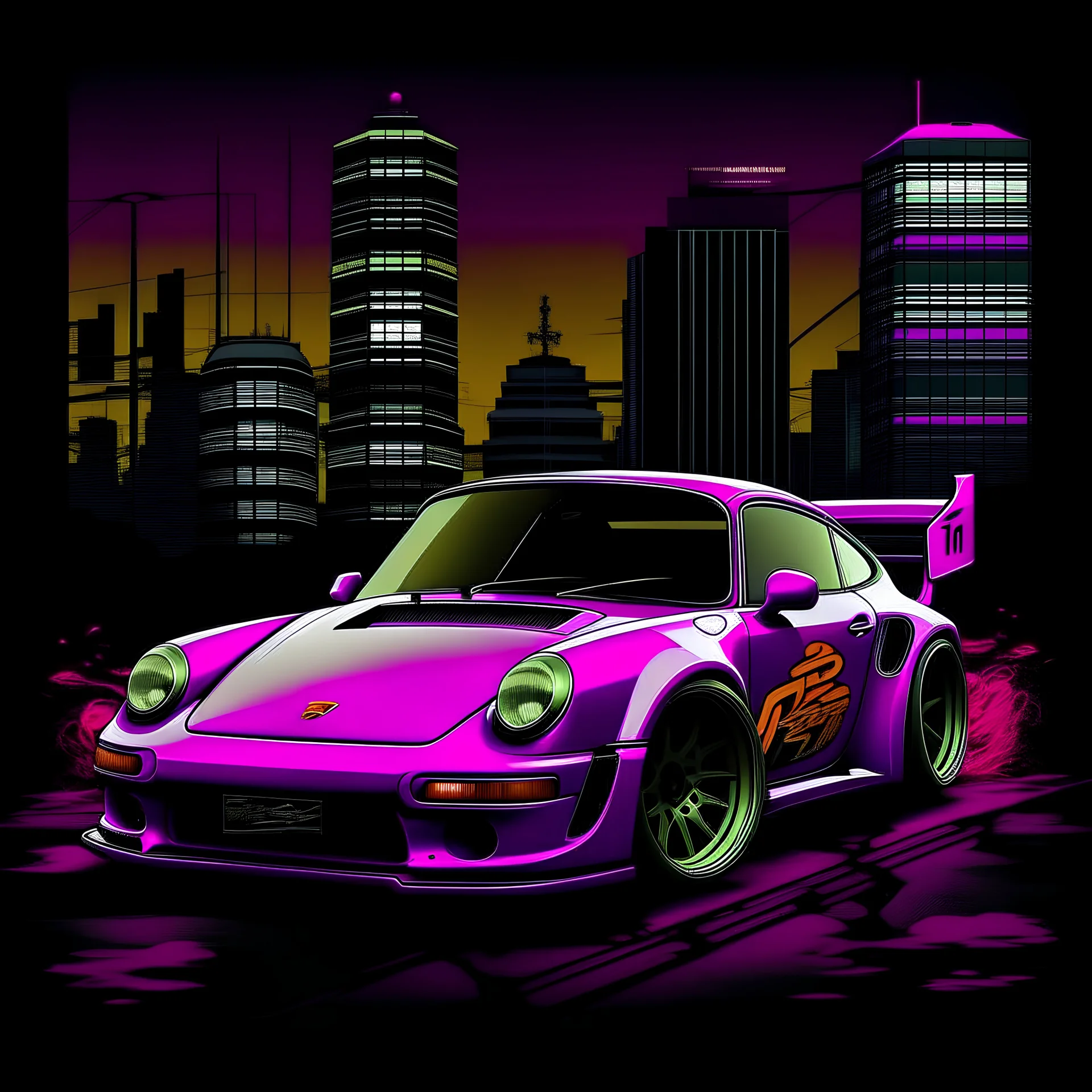 create me a Porshe 911 gt3 rs hoodie design, with small detail about the car, behind the car make a tokyo themed background, Also make sure the ENTIRE background is tokyo themed with the car driving on a road, at the top of the screen add the word SEEK. Dont make the background a solid color just make it tokyo with purple lights