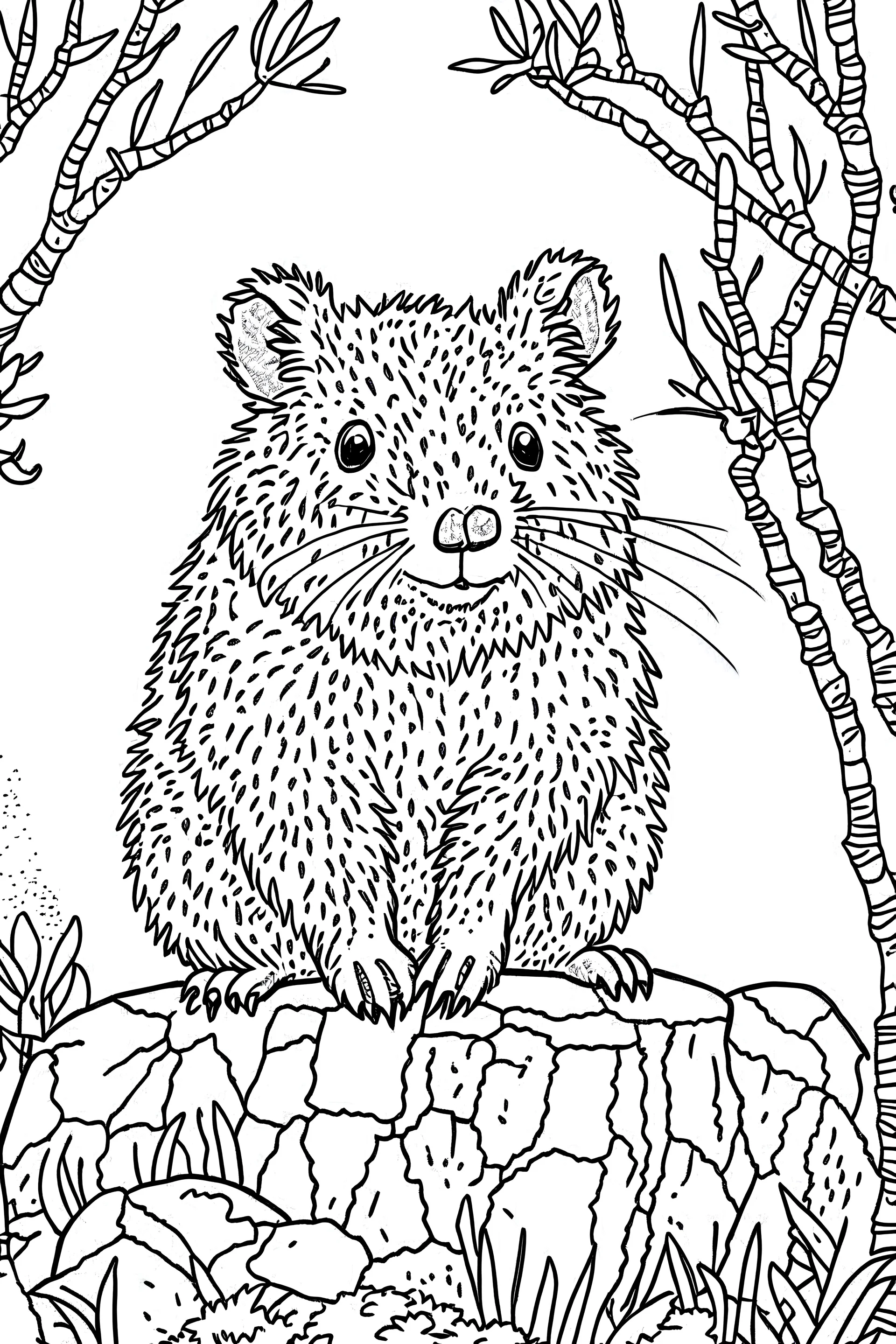 an Quokka on the rock. centered flat minimalistic black and white high contrast line drawing, coloring book style, {prompt}, (white sky, white clouds, white hair,white objects, white clothing, white fur, white skin, white terrain, white scales, white everything:1.1), blank white background.