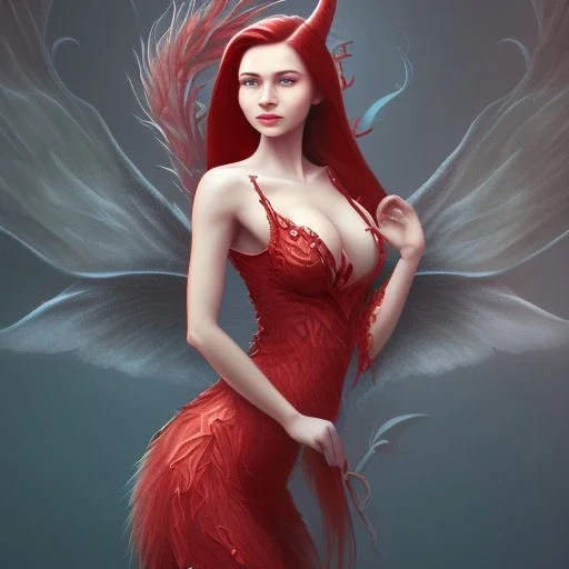 A full body portrait of a red dragon girl,smiling, wings, realistic,