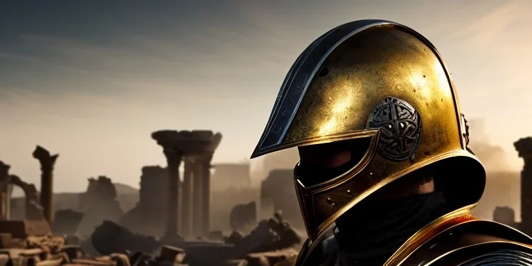 apocalypse, chaotic, magnificent, realistic, colorful, massive, epic, ray tracing, cinematic, 8k, HD, Ultra High Definition, photo film, film grain, hyper-detailed, old tarnished ornate rusty Hyper detailed Gold Medieval Knight helmet with opaque glass visor covering face and matching suit of armor, background with colorful destroyed ancient ruins