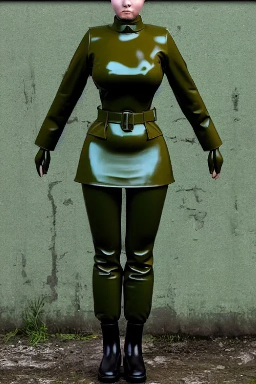 Russian military girl. Head is heavily armed with old-fashioned cameras. Army green surfaces body, latex. Perfect body, thick thighs and calves. simple face. Wide hip, skirt bleats nicely. Asa Akira. Partly symmetrical. Straitjacket. Rusty and decayed background. Steam-plunge air-bottles. Euclidean 3D-tiling walls. 5th dimensional surface structures. Oppressive atmosphere