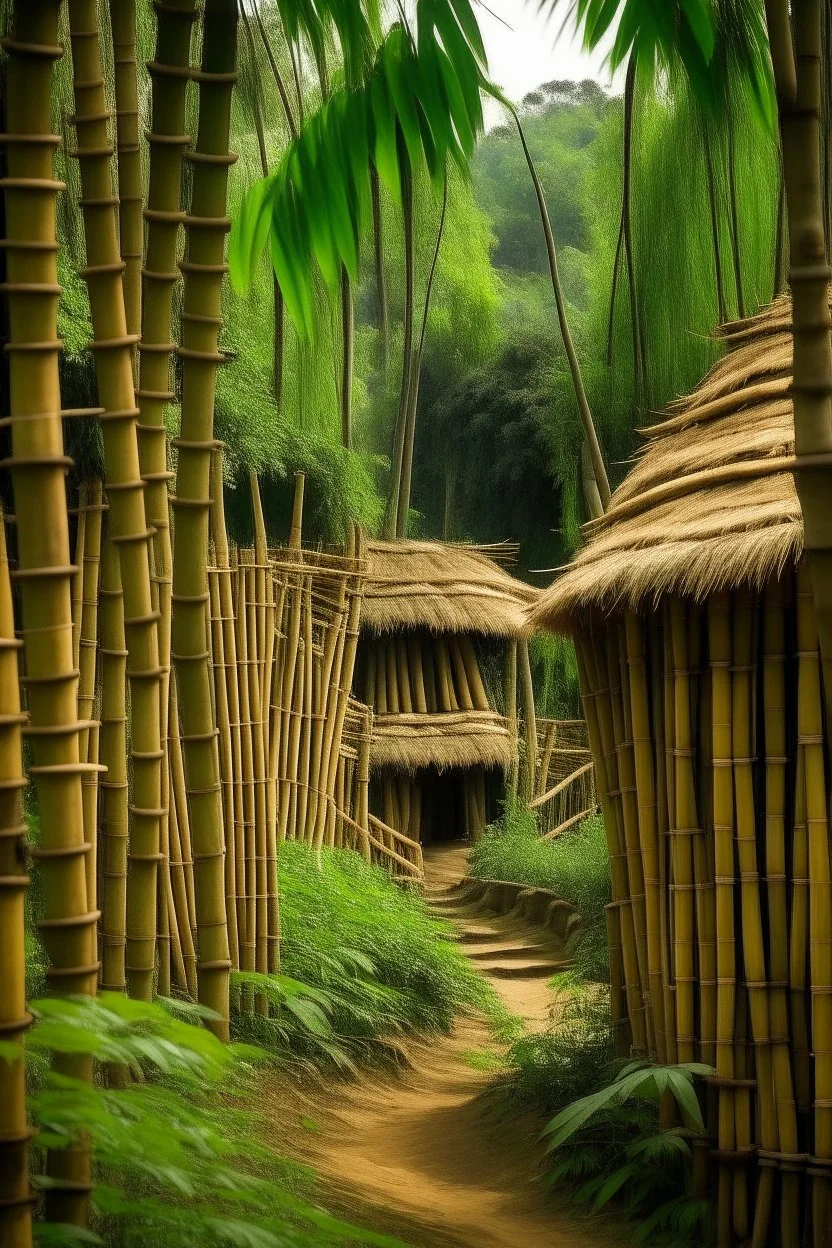 A (((village nestled amidst a lush bamboo forest))), with houses and structures crafted from (((interwoven bamboo))), exuding a serene ambiance