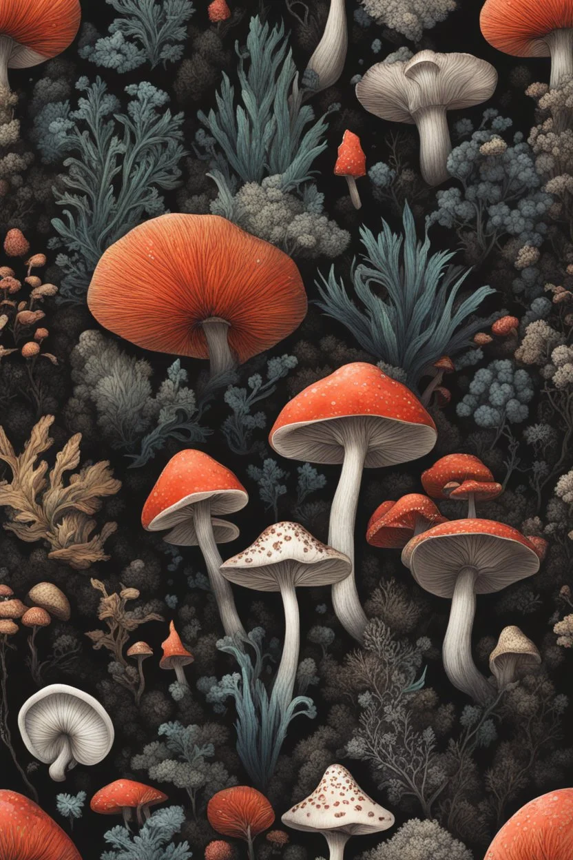 Exotic Flora, fauna, mushrooms, fungi and coral at the End of the Multiverse black liquid Land