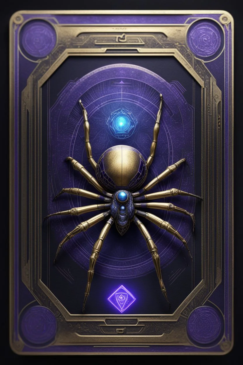 Golden mean sacred geometry framed playing card, black, blue and purple drum set spider xtal inversion priestess cyber in witch hat shadows boss card in the style of Giger and fallout 4 ,bokeh like f/0.8, tilt-shift lens 8k, high detail, smooth render, down-light, unreal engine