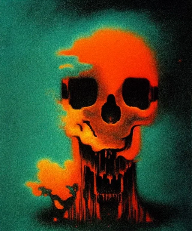 broken skull. black background. smoke and explode. particles in air. teal and orange. abstract. beksinski.