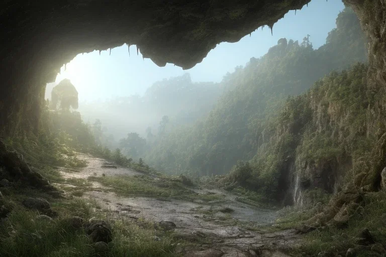 hyper realistic full length photo of a cave entryway in a root covered cliffside, hewn stairs, torches deep inside, fantasy digital painting, stunning intricate details, artwork by ross tran and greg rutkowski, 8k, beautiful detailed intricate insanely detailed, volumetric lighting, volumetric clouds, randomly placed spots of ground fog, cinematic, octane render, shot on imax 70mm, high contrast