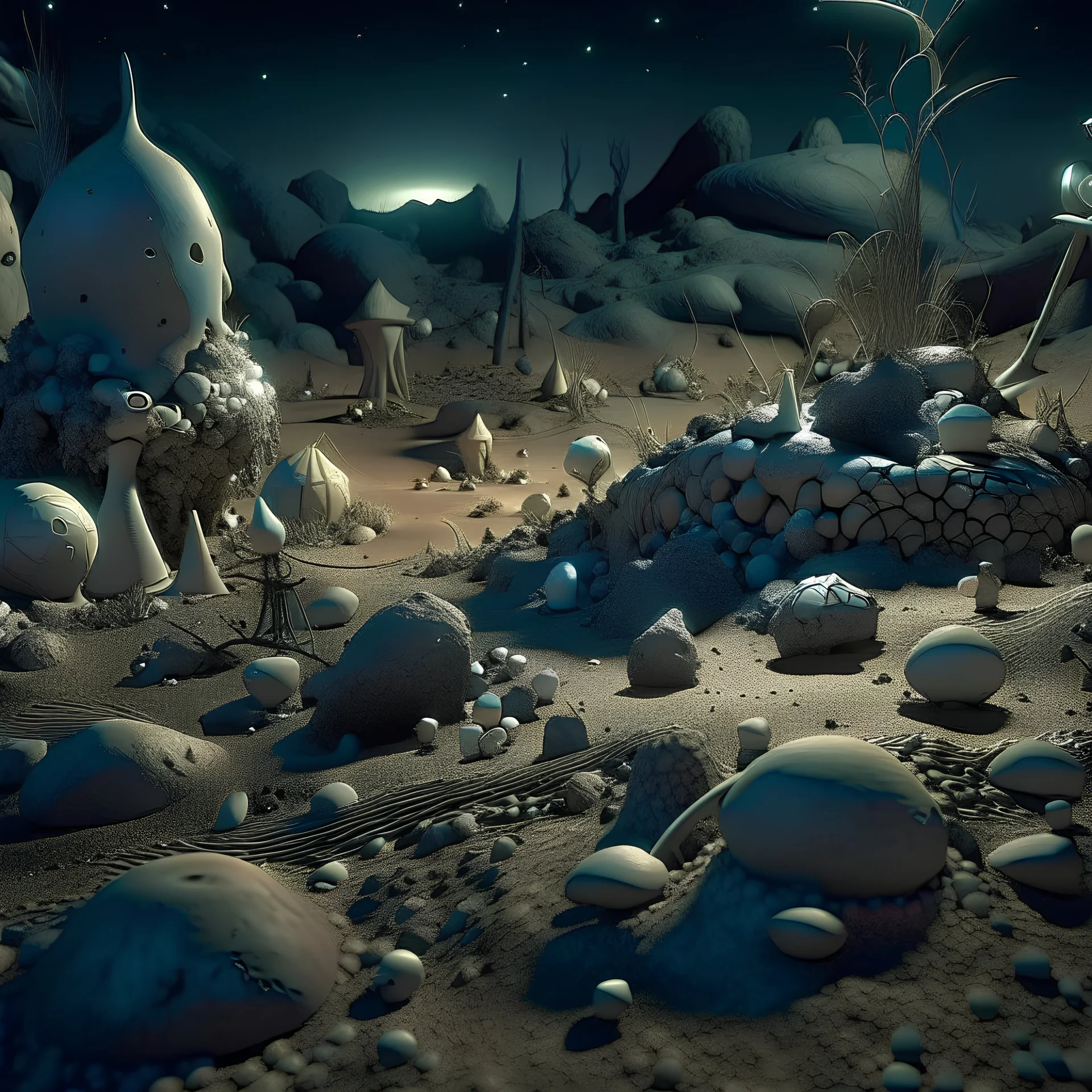 Photograph, odd objects scattered over an arid surface, night, nothingness, spooky, close-up, in Yves Tanguy style, nightmare, highly hypermaximalist, details of the terrain very accentuated, 8k, deep 3d field, sharp, eerily mysterious, artistic photo, large format film, shot on Hasselblad, 33mm photography