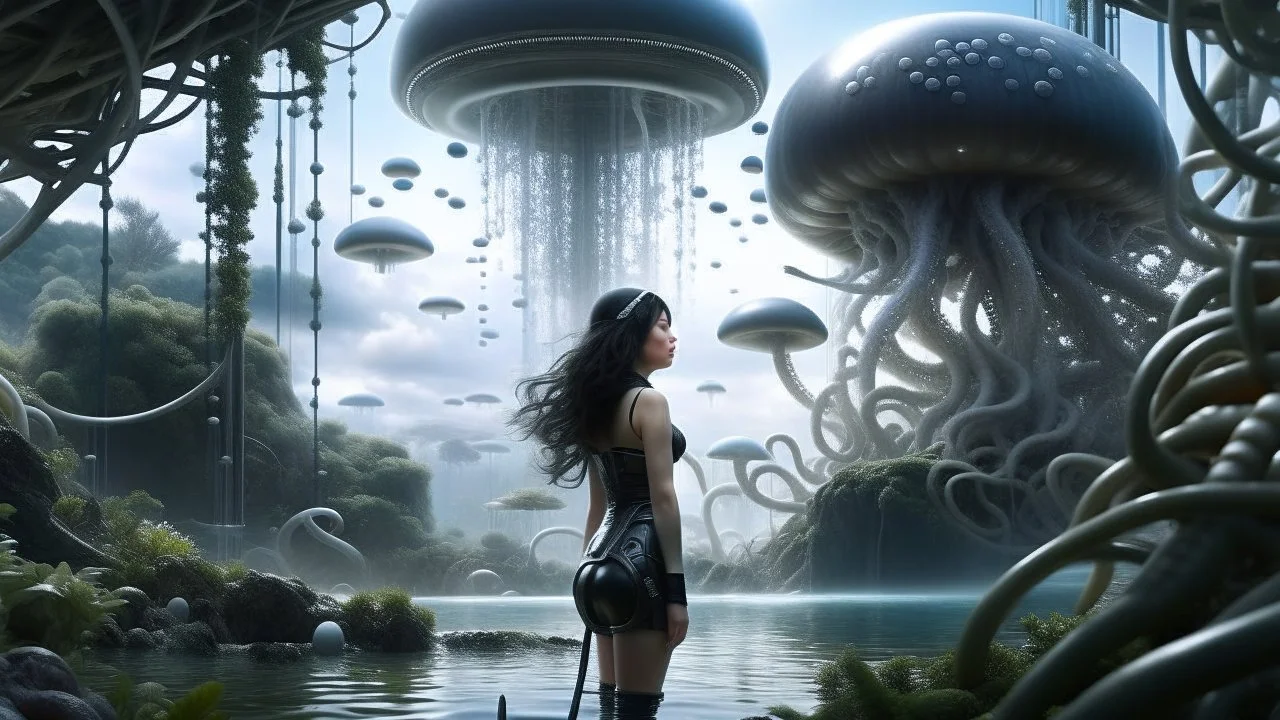 Detailed matte painting of a wide-angle shot of a woman, standing on the left side of the shot, with dark hair in a silver robotic catsuit, many large floating jellyfish with octopus tentacles, alien jungle trees in the distance, with an alien beach and lake