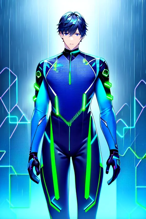 cyberpunk, neon blue, high technology, geometric figures, orbiting figures, cyberpunk suit, black and blue, epic, rain, neon blue suit, geometric figures orbiting around suit, exosuit, male