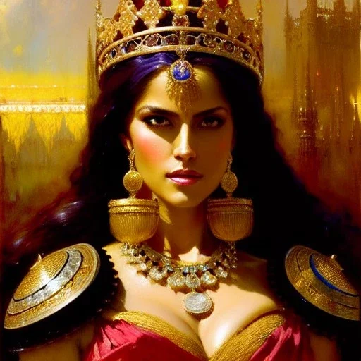 portrait beautiful face queen of Sheba ,busty,medieval metal armor balanciaga fashion clothe painting by gaston bussiere, greg rutkowski, yoji shinkawa, yoshitaka amano, tsutomu nihei, donato giancola, tim hildebrandt, oil on canvas, cinematic composition, extreme detail,fit full head inside picture