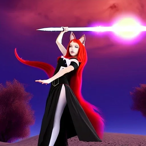 Attractive teenage girl with fire red hair, who is dressed like a witch casting a spell with a quarterstaff on the moon, she has cat ears and open dazzling blue eyes, has a normal nose, background is realistic space, the girl is on a planet, black goth girl dress, full body portrait, arm colors gradient effect into stars, rendered, unity 3d, unreal engine, dslr, hdr, 4k, edited, photorealistic, normal number of appendages, freckles, artists rendered