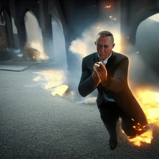 James bond pig,fantasy,fiverr,unreal engine, cinamatic lighting,saving a woman,explosion,fire