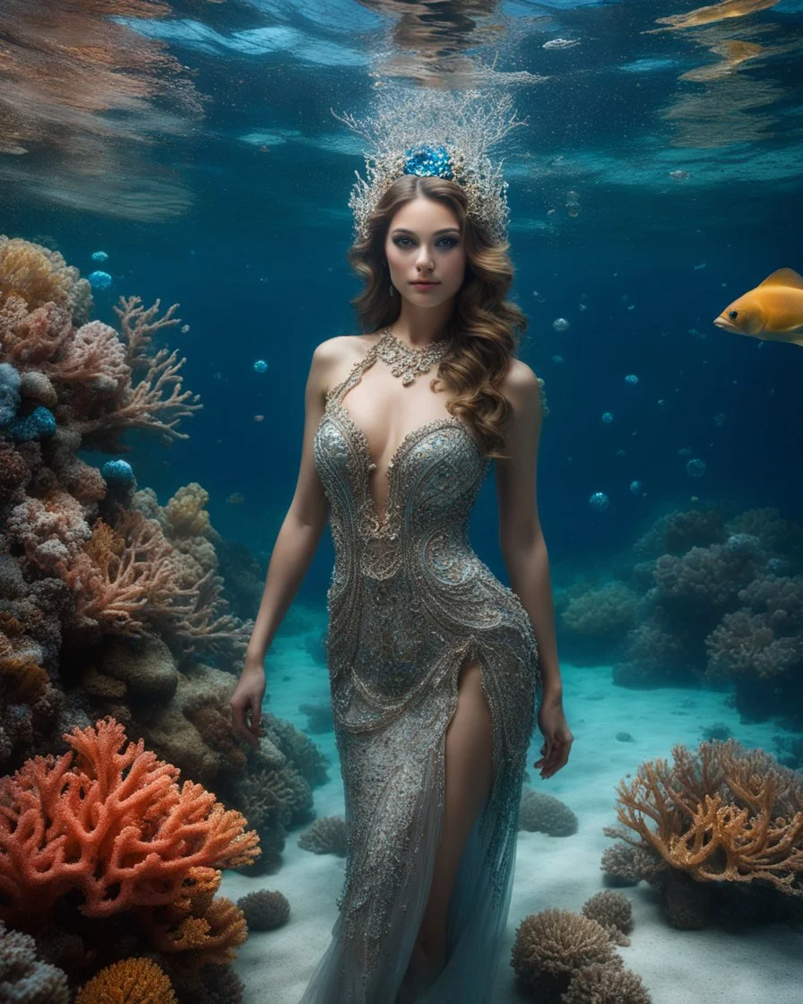 Full body long shot photography Realistic Beauty Queen photography art, cinematic colors, soft blur, natural beauty, young woman, smiling, beautiful, sparkling gray eyes, beauty makeup, Queen of Sea style, sparkling baubles, ornate luxury dress, large gemstones, shiny liquid metal, shiny wire filigree, brown hair, high definition, Walk in an underwater scene full of corals, full of colorful fish, many fish swimming in full, and gentle turtles