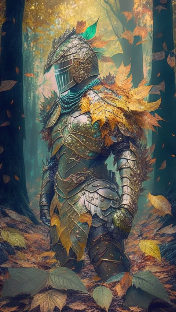 warrior covered in magical leaves armor, forest in the background