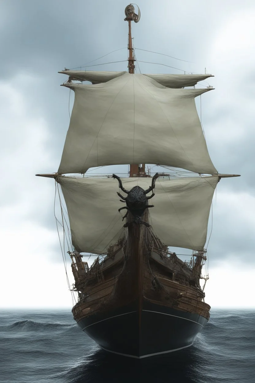 Ship front view with a Spider figurehead at night in a storm with giant waves