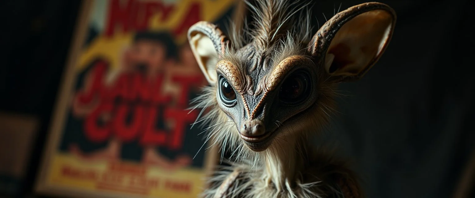 furry alien hill billy boss In the style of Rembrandt,Background blur. Movie poster. Wild look.