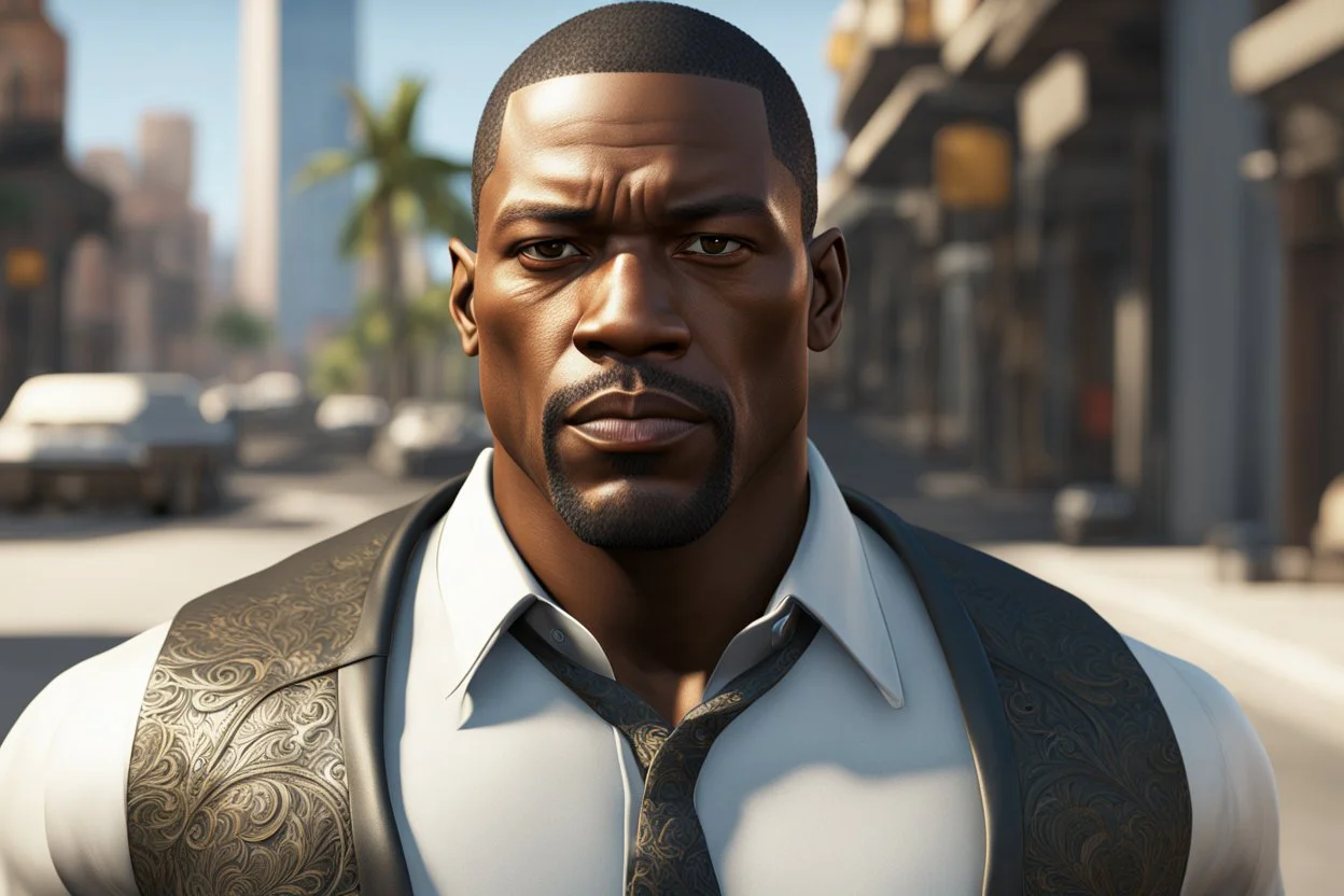 Carl Johnson in 8k live action artstyle,، Carl Johnson costum, dynamic pose, intricate details, highly detailed, high details, detailed portrait, masterpiece,ultra detailed, ultra quality