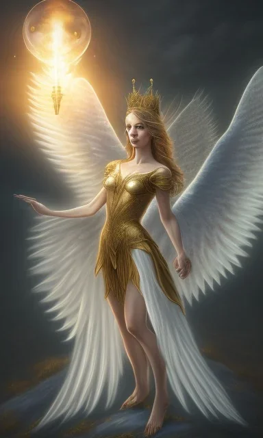 Angel with big wings and golden crown floating above the ground in the dark, forestSorrow