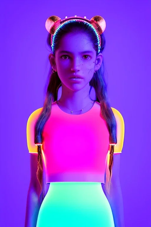 Rosalía artist, Realistic image, natural waist up portrait, perfect eyes, glow eye, black eye line, sweet face, pigtails hair, spray line make up, geometric, gold, big rings piercing, led ornament, bubble latex coat, inflatable, cold, led lights, geometric, neon, pink, blue, gold, vibrant color, highly detailed, art stations, concept art, smooth, unreal engine 5, god lights, ray tracing, RTX, lumen lighting, ultra detail, volumetric lighting, 3d, finely drawn, high definition, high resolution