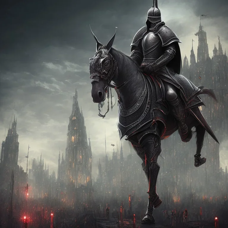 black knight, city, medieval street, bloody night, high details, 8k, hyper realistic